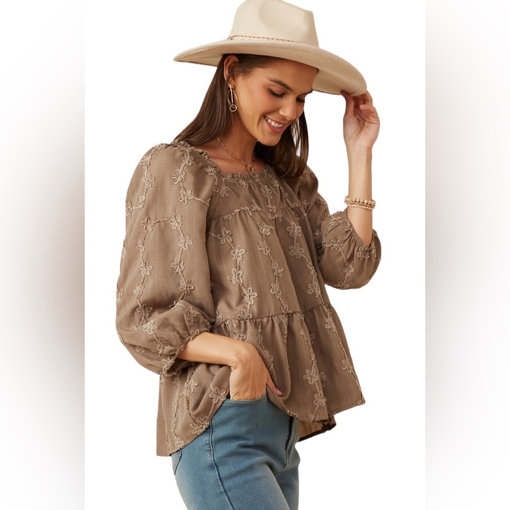 Hayden Women’s Brushed Floral Detailed Puff Sleeve Square Neck Top L
